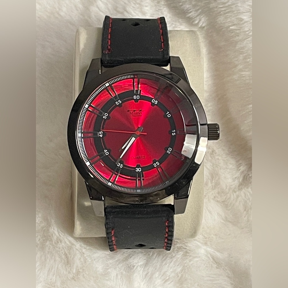 Essentials by Milano Black and gun metal tone case with red dial Watch. WORKING!